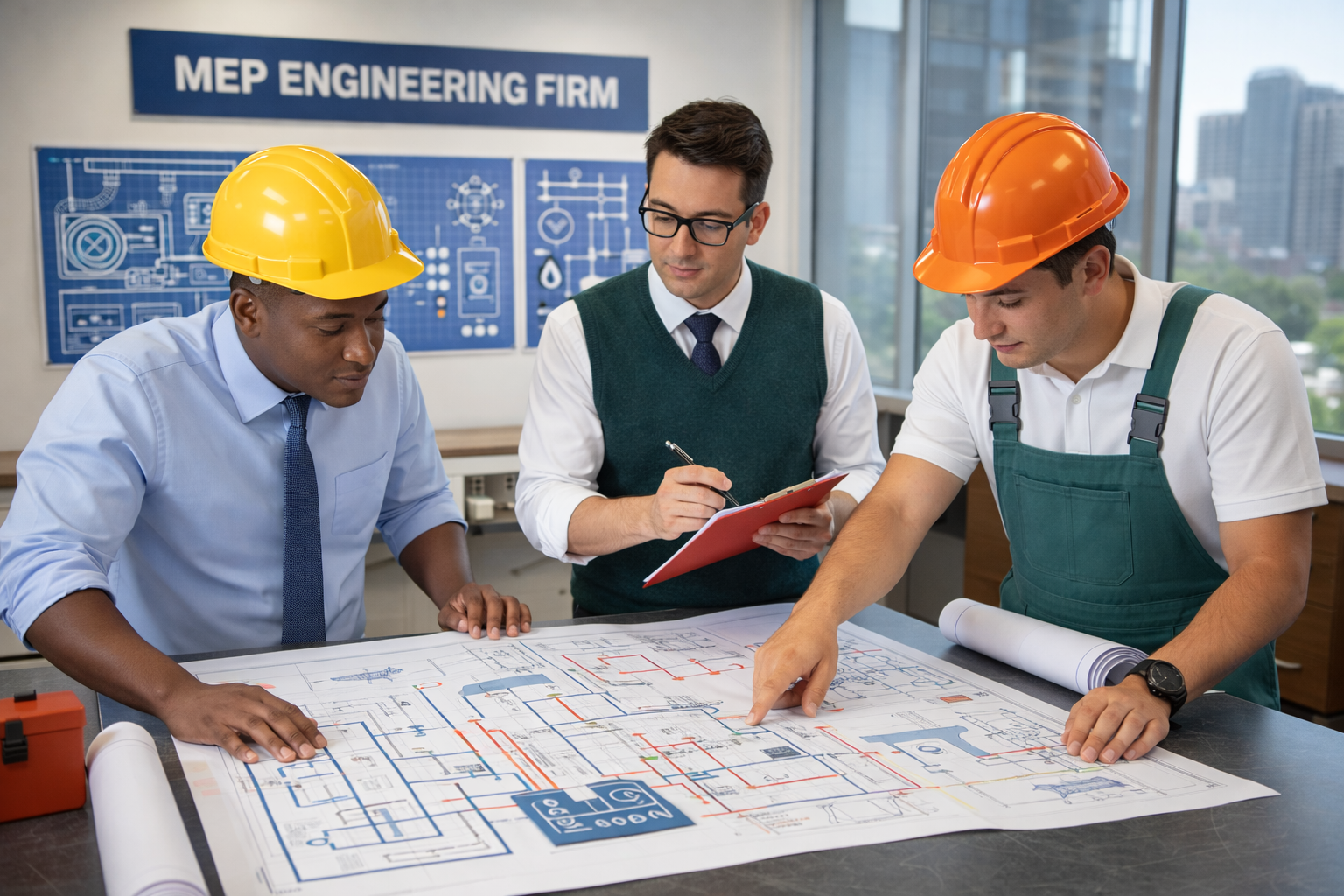 MEP engineering firm engineers working on mechanical electrical plumbing design plans