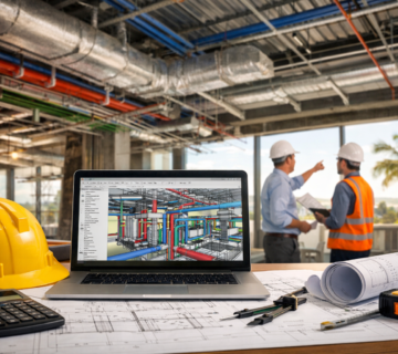 MEP design services in Florida showing HVAC ducts electrical conduits plumbing systems and engineering plans