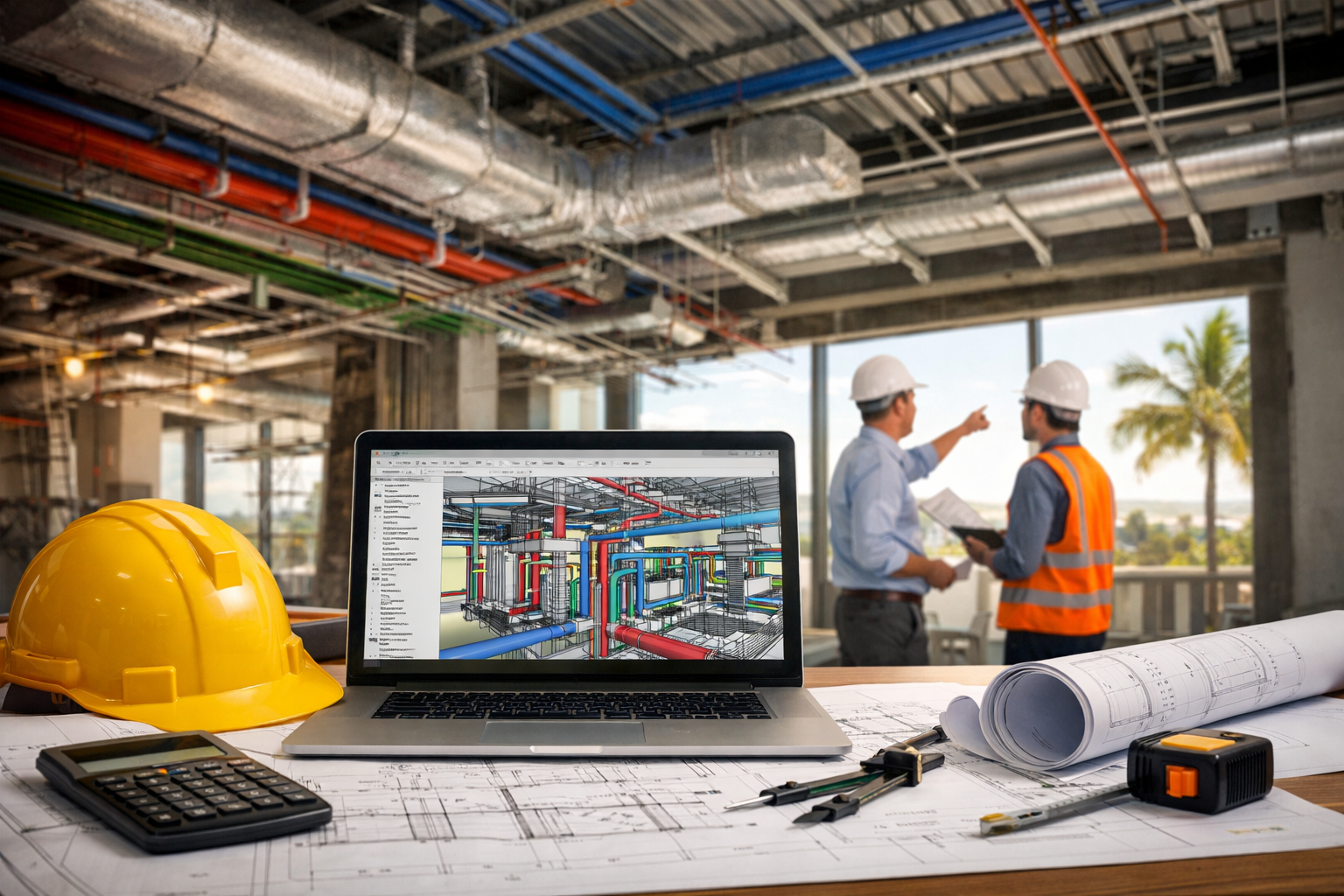 MEP design services in Florida showing HVAC ducts electrical conduits plumbing systems and engineering plans