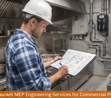 Restaurant MEP engineering services engineer inspecting HVAC electrical and plumbing systems in commercial kitchen