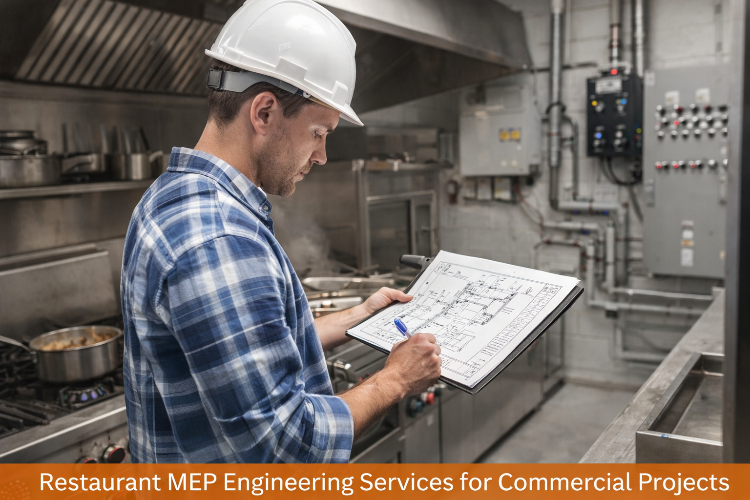 Restaurant MEP engineering services engineer inspecting HVAC electrical and plumbing systems in commercial kitchen