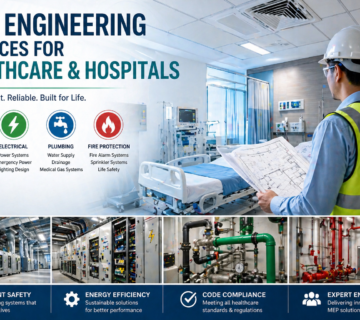MEP engineering services for healthcare and hospitals showing HVAC electrical plumbing and fire protection systems in medical facility