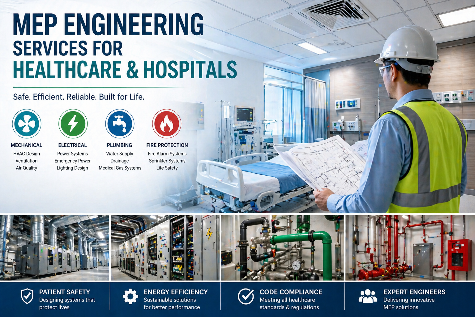 MEP engineering services for healthcare and hospitals showing HVAC electrical plumbing and fire protection systems in medical facility